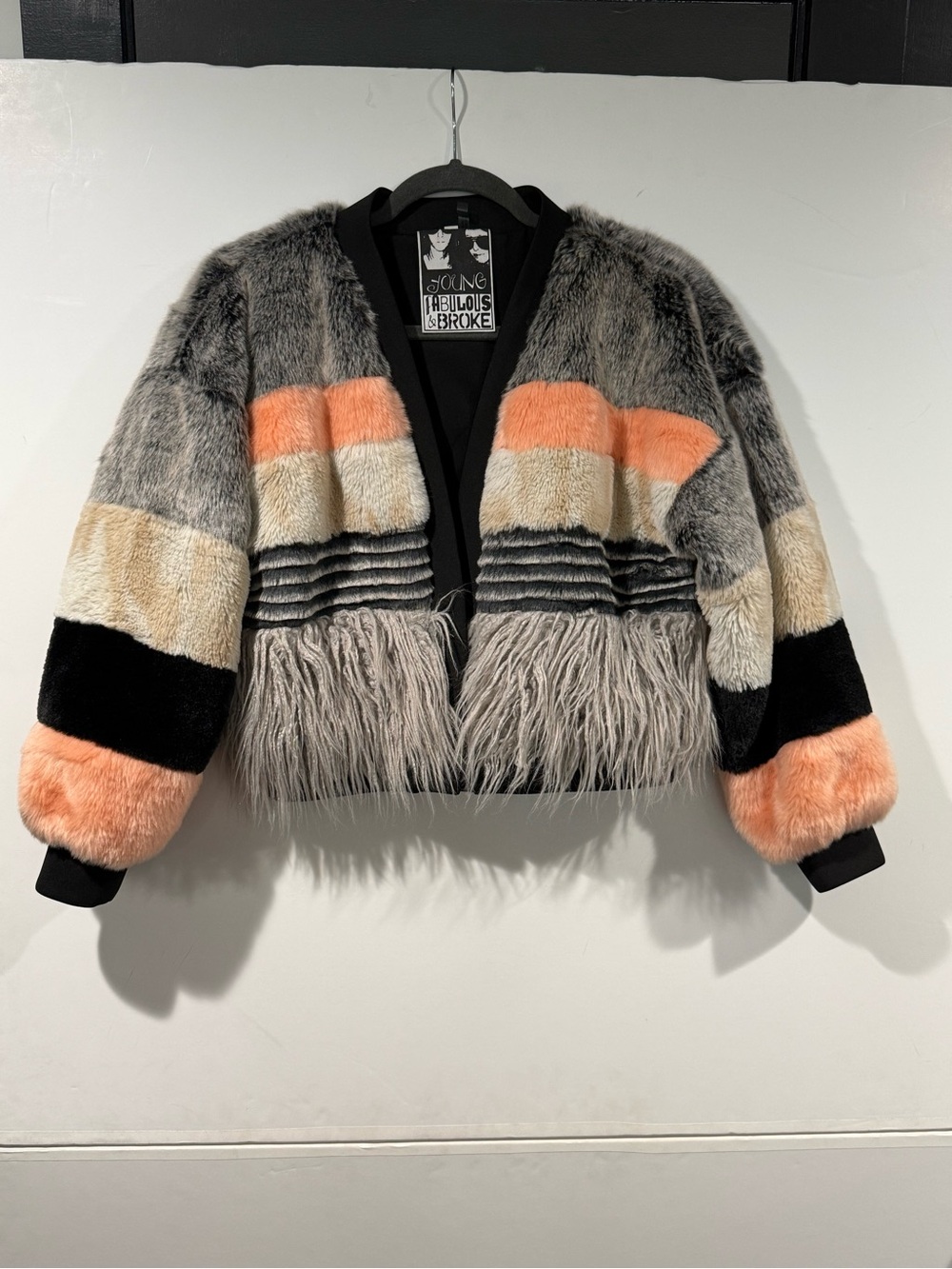 Young Fabulous & Broke Gray, Peach & Cream Faux-Fur Cropped Jacket